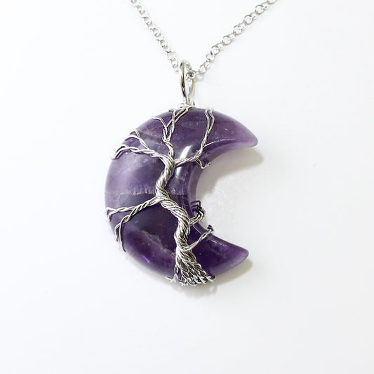 Amethyst crescent moon quartz healing crystal stone pendant tree of life wire wrapped necklace