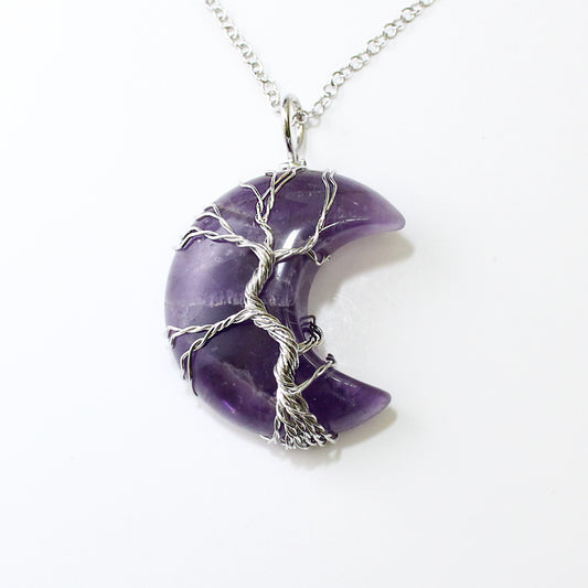Natural Amethyst Stone Crescent Moon, Tree of Life Wire Wrapped Necklace, Healing Stones, Amethyst Necklace