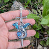 Unique Handmade Dragon on Sword Necklace with Turquoise Wings and Blue Opal Replica, Dragon Jewelry, Fantasy Jewelry Gothic jewelry