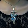 Unique Handmade Dragon on Sword Necklace with Turquoise Wings and Blue Opal Replica, Dragon Jewelry, Fantasy Jewelry Gothic jewelry