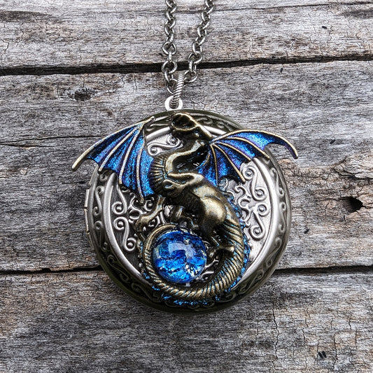 Dragon Necklace Locket with blue opal replica, Fantasy jewelry, Unique Handmade Jewelry