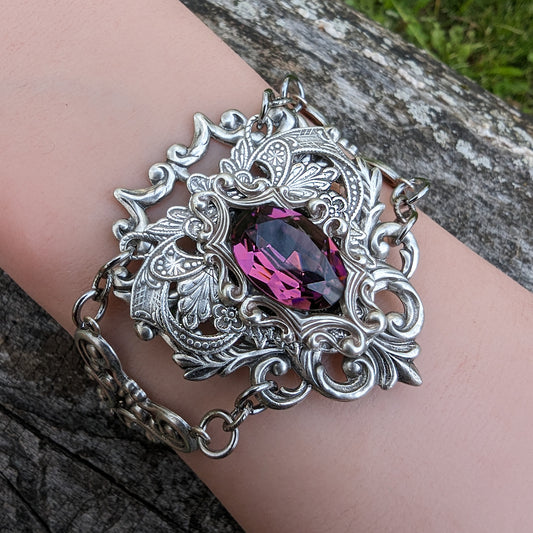 Gothic Sterling Silver Amethyst Fantasy Bracelet.  Vintage Amethyst bracelet.
