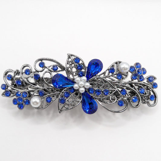 Swarovski Cobalt Blue Floral Crystal Hair Clips, Fancy Hair Barrettes, Bridal Hair Accessories, Hair Barrettes for Thick Hair, Vintage Jewelry, Wedding Jewelry, Elven Jewelry