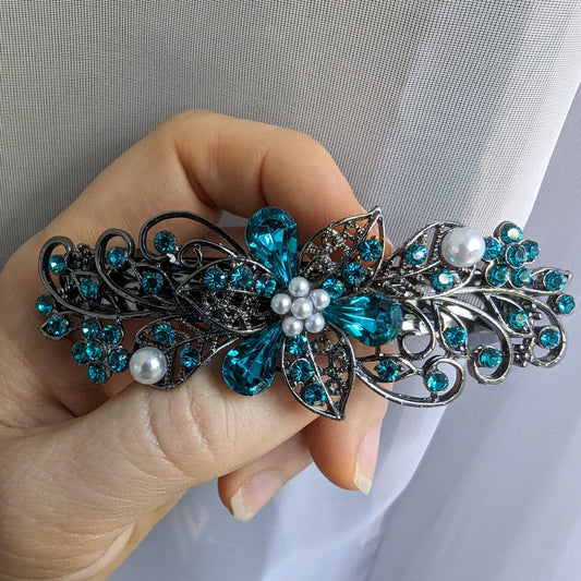 Swarovski Teal Floral Crystal Hair Clips, Fancy Hair Barrettes, Bridal Hair Accessories, Hair Barrettes for Thick Hair, Elven Jewelry, floral hair accessories