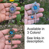 Magical fantasy key necklace with crescent moon and blue euro crystals, Fantasy Jewelry