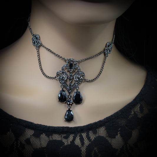 Vintage Crystal Chandelier Necklace with Black Rhinestones, Vintage Jewelry, Gothic Jewelry