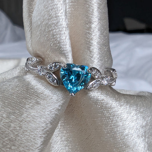 White Gold CZ Aquamarine Heart Promise Ring, Engagement Rings,  March Birthstone Ring