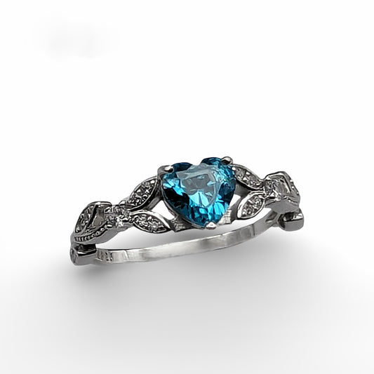 White Gold CZ Blue Topaz Heart Shaped Promise Ring, Engagement Rings, December Birthstone