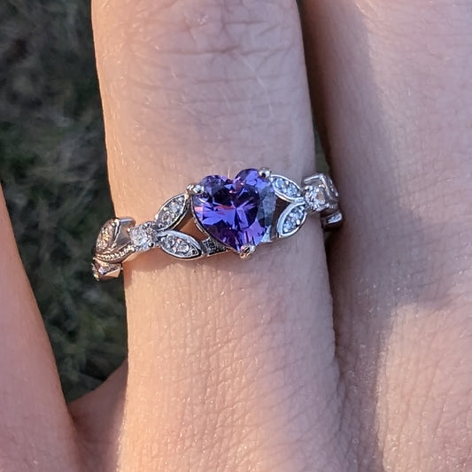 White Gold Violet CZ Heart Shaped Ring, Purple Ring, Engagement Rings, Promise Ring