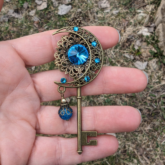 Handmade Magical fantasy moon key necklace with high quality blue crystals.  Magical jewelry.  Fantasy jewelry.