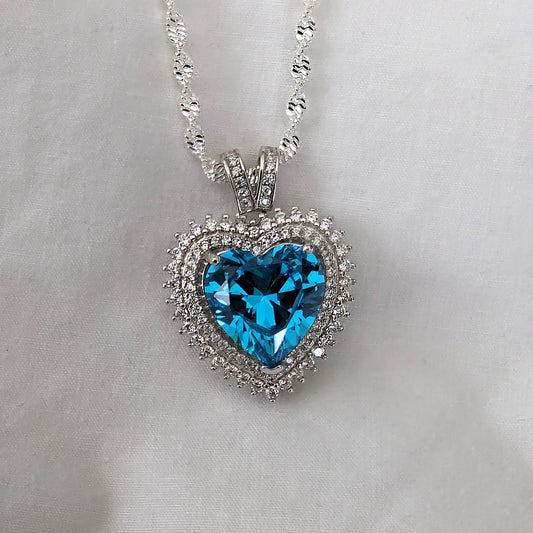 Dainty 925 Sterling Silver Blue Topaz CZ Heart Necklace and Earring Set, Blue Topaz Jewelry, Bridal Gift Set