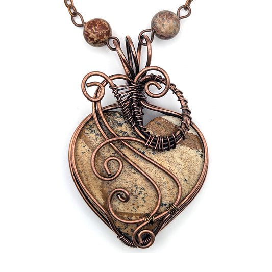 Picture Jasper Wire Wrapped Heart Stone Pendant Necklace, Heart Jewelry