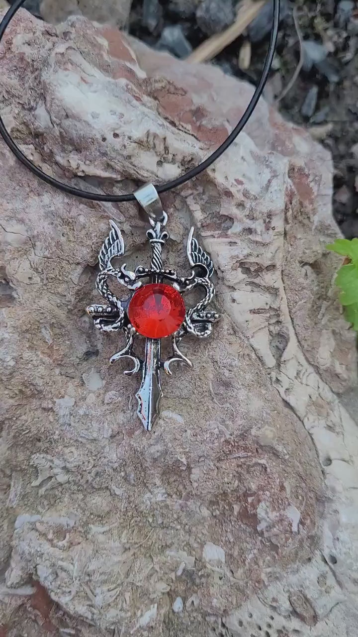 Dragon on Sword Necklace with Red Rhinestone, Dragon Jewelry, Fantasy Jewelry