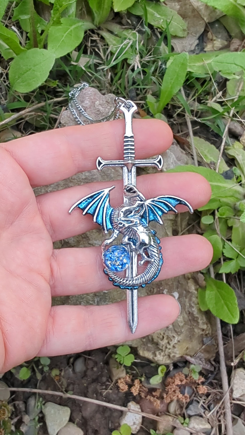 Unique Handmade Dragon on Sword Necklace with Turquoise Wings and Blue Opal Replica, Dragon Jewelry, Fantasy Jewelry Gothic jewelry