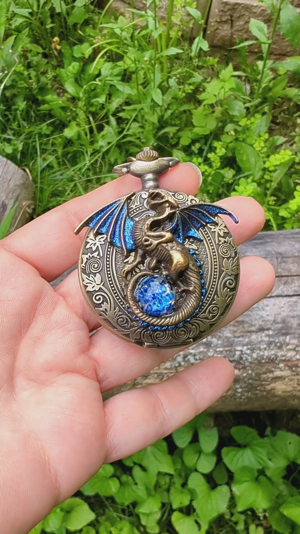  Dragon Necklace Pocket Watch with Blue Opal, Fantasy Jewelry, Gothic Jewelry