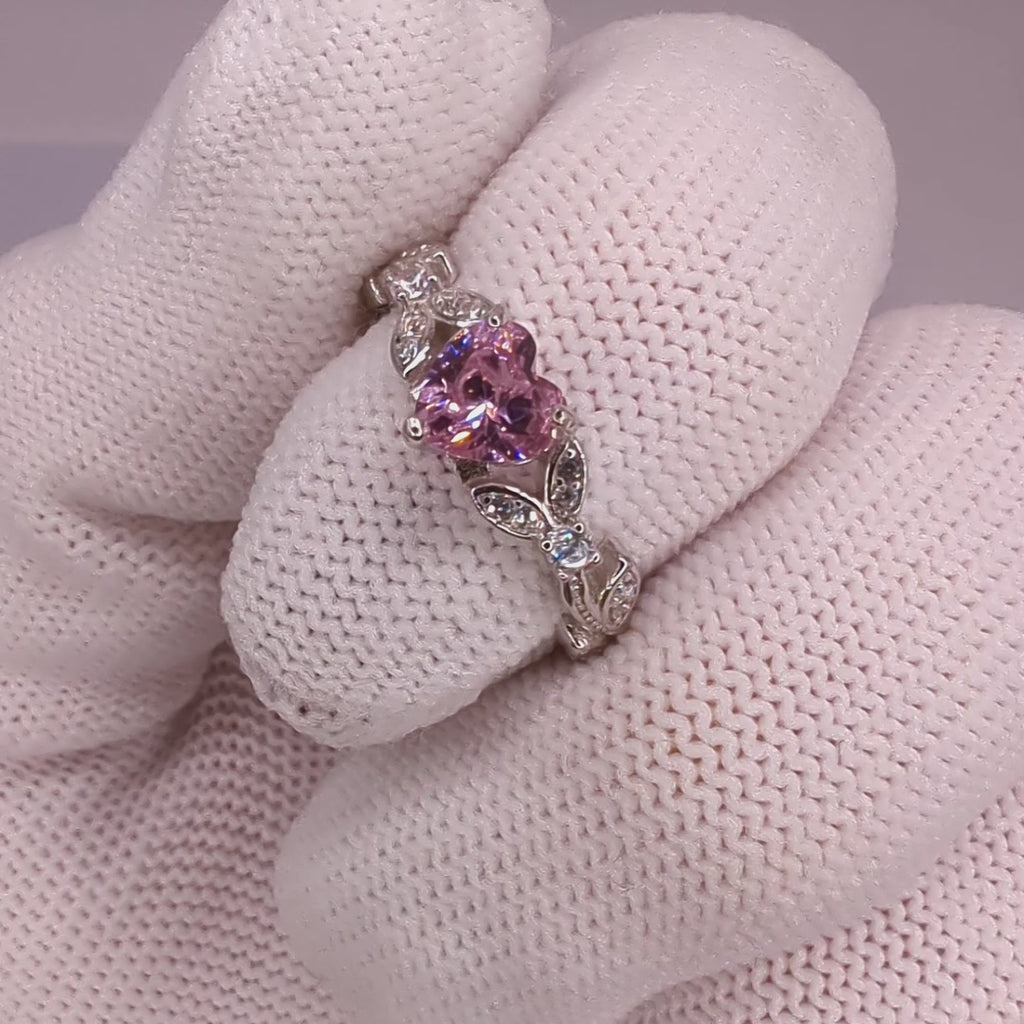 White Gold Pink CZ Heart Shaped Engagement Ring, Promise Ring, October Birthstone
