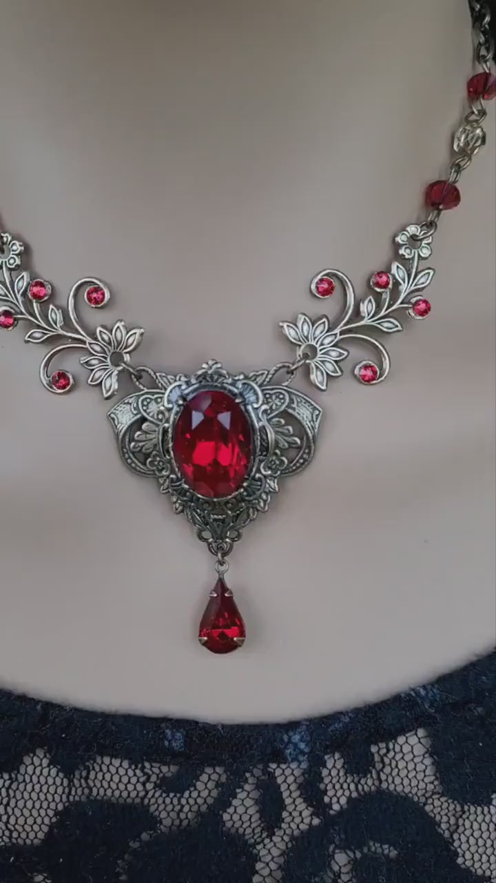 Vintage Scarlet Red Crystal Necklace Set, Vintage Jewelry, Vampire Jewelry