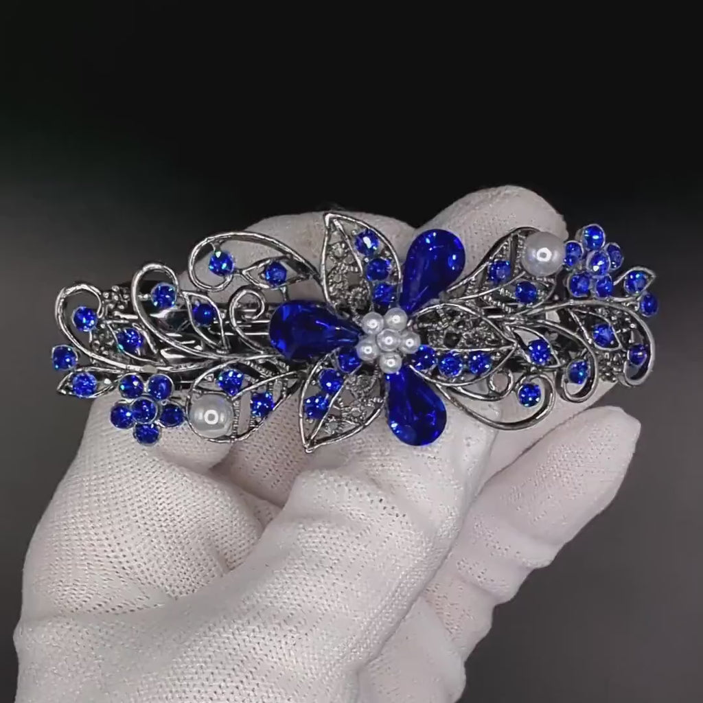 Swarovski Cobalt Blue Floral Crystal Hair Clips, Fancy Hair Barrettes, Bridal Hair Accessories, Hair Barrettes for Thick Hair, Vintage Jewelry, Wedding Jewelry, Elven Jewelry