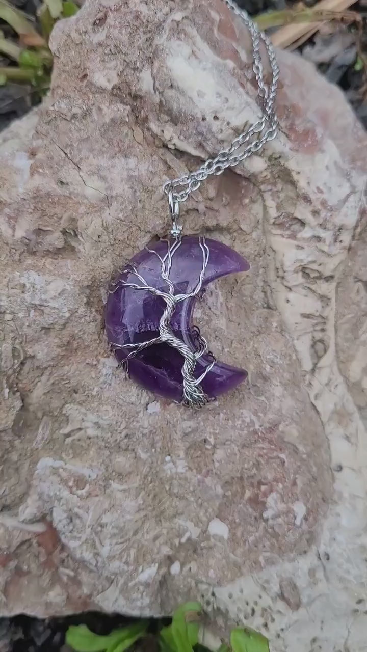 Natural Amethyst Stone Crescent Moon, Tree of Life Wire Wrapped Necklace, Healing Stones, Amethyst Necklace