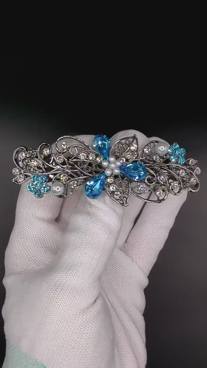 High Quality Elven Floral Hair Barrette made with blue Aquamarine Swarovski crystals, Bridal Hair Jewelry, Vintage Hair Clip