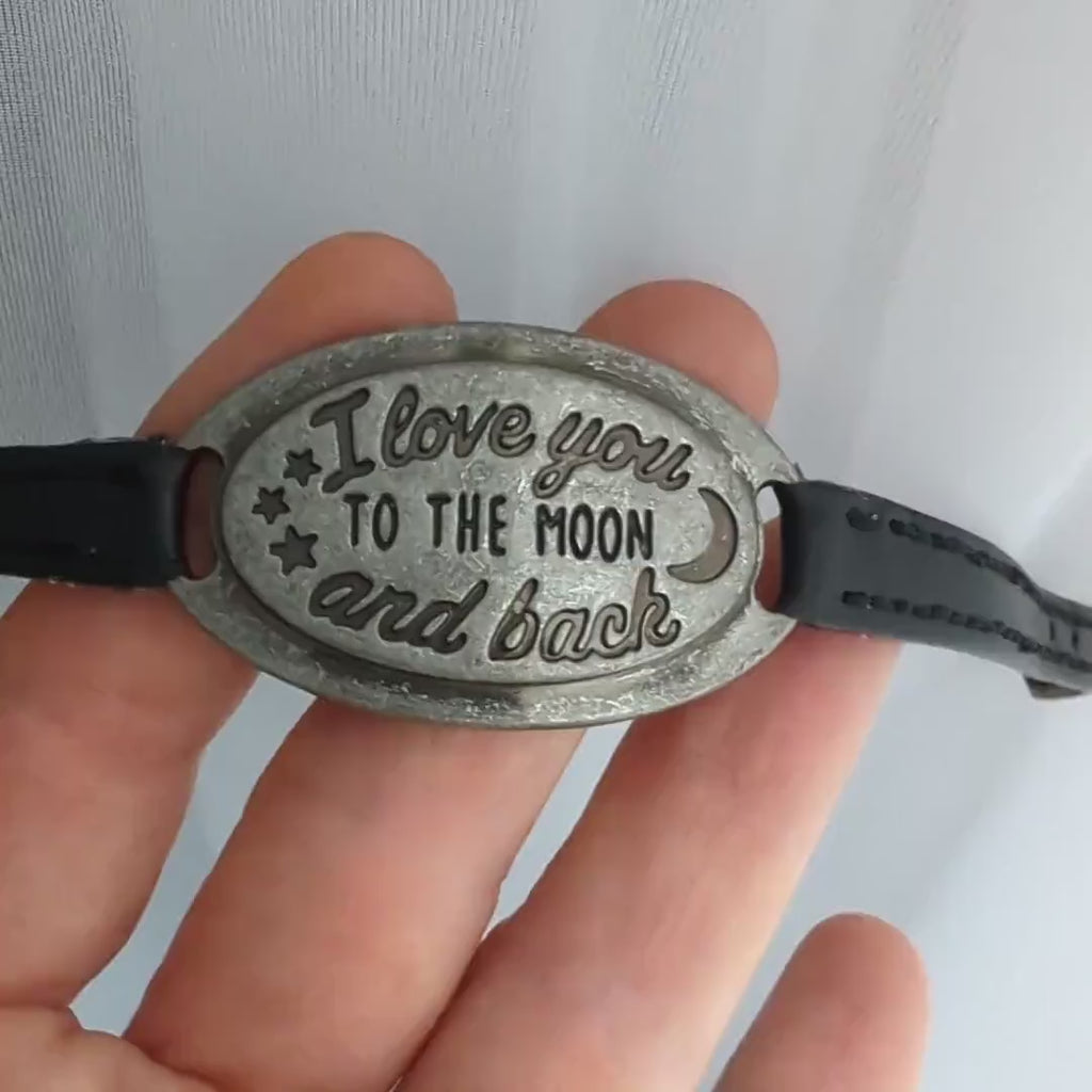 I love you to the moon and back charm bracelet with hand-stitched leather band, I love you Bracelet gift for friend or loved one