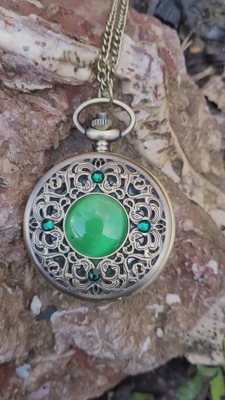 Vintage Quartz Pocket Watch Necklace with Emerald Swarovski Rhinestones.