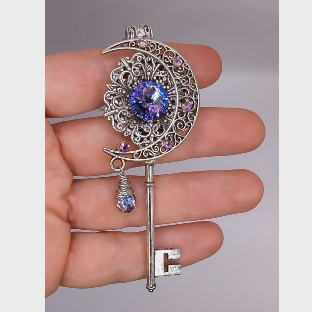 Magical Silver fantasy Moon key necklace with Pink and Purple Vitrail Swarovski crystals, Unique Fantasy Jewelry Gift, Fairy Jewelry