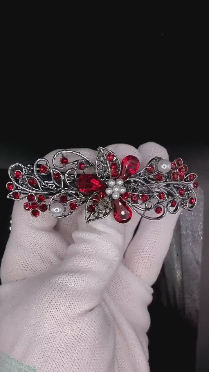 high quality Swarovski red floral crystal hair clips, bridal hair accessories, fancy hair barrettes, elven jewelry, vintage jewelry, hair barrettes for thick hair