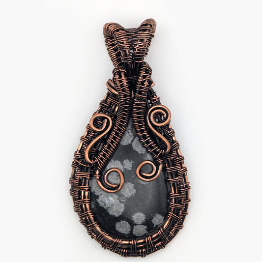 Snowflake Obsidian Stone Copper Wire Wrapped Pendant Necklace, Obsidian Jewelry