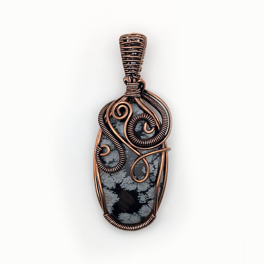 Snowflake Obsidian Stone Copper Wire Wrapped Pendant Necklace, Obsidian Jewelry, Obsidian Pendant