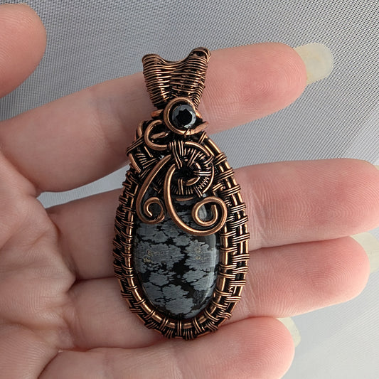 Snowflake Obsidian Stone Copper Wire Wrapped Pendant Necklace with black CZ accent, Obsidian Jewelry