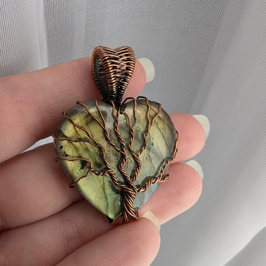 Labradorite Heart Shaped Tree of Life Wire Wrapped Stone Pendant Necklace, Heart Jewelry