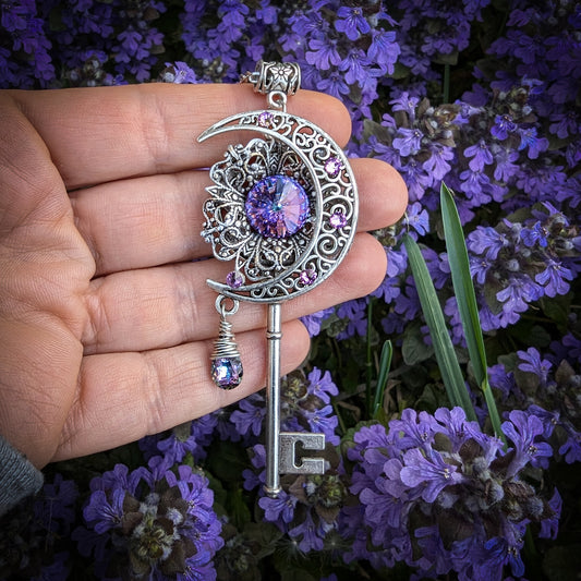 Magical Silver Fantasy Crescent Moon Fairy Key Necklace made with Swarovski crystals
