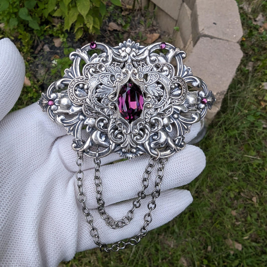 Gothic Sterling silver hair barrette with a vintage Amethyst Swarovski crystal.