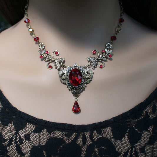 Vintage Scarlet Red Crystal Necklace Set, Vintage Jewelry, Vampire Jewelry