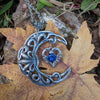 Large Vintage Sterling Silver Crescent Moon Statement Necklace with Sapphire Swarovski Crystal on Heart, Vintage Jewelry