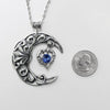 Large Vintage Sterling Silver Crescent Moon Statement Necklace with Sapphire Swarovski Crystal on Heart, Vintage Jewelry