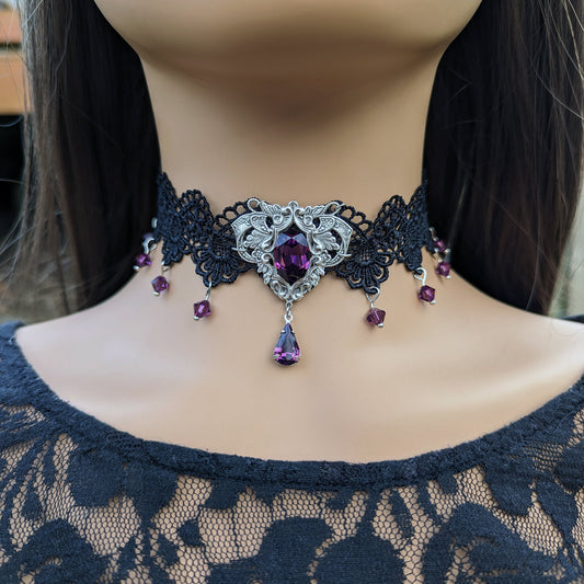 Vintage Amethyst Choker Necklace made with Swarovski Crystals, Gothic Jewelry, Dark Fantasy Necklace