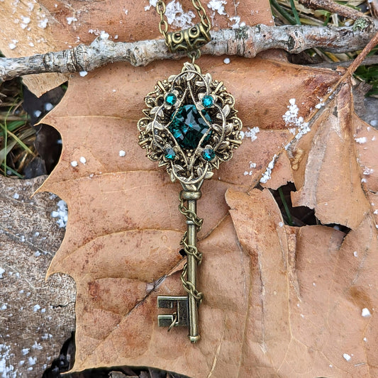 Vintage Elven Fantasy Key Necklace Jewelry made with Emerald Swarovski Crystals.  Mayfair Witches inspired magical jewelry.