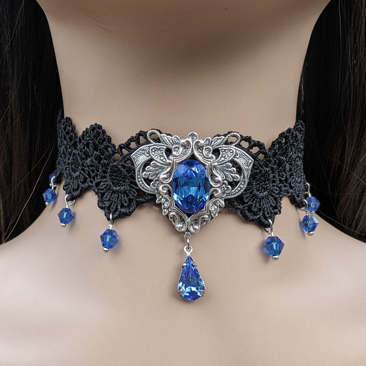 Vintage Sapphire Choker Necklace made with Swarovski Crystals, Gothic Jewelry, Victorian Jewelry