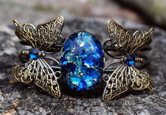 Blue Sea Glass Opal Butterfly Cuff Bracelet made with Sapphire Swarovski crystals