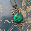 Bronze Owl Necklace with Natural Malachite Stone.  Owl jewelry gift!