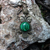 Bronze Owl Necklace with Natural Malachite Stone.  Owl jewelry gift!