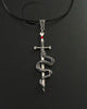 Gothic Silver Snake on Sword with Red Rhinestone Corded Necklace, Fantasy Jewelry, Goth Jewelry, Man Jewelry