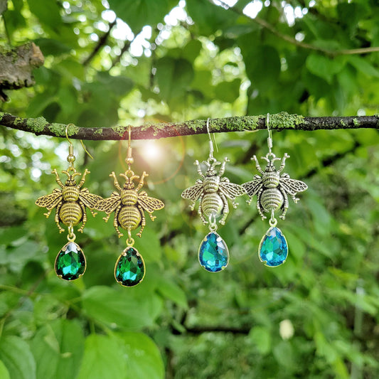 Bumblebee dangle earrings in gold and silver with Emerald and Turquoise Crystals, Bumblebee jewelry, Nature Jewelry, Hippie Jewelry