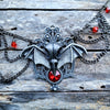 Gothic Raven Skull and Bat Wing Necklace with Red Crystals, Gothic Jewelry, Crow Skull Necklace, Halloween Jewelry, Vampire Jewelry