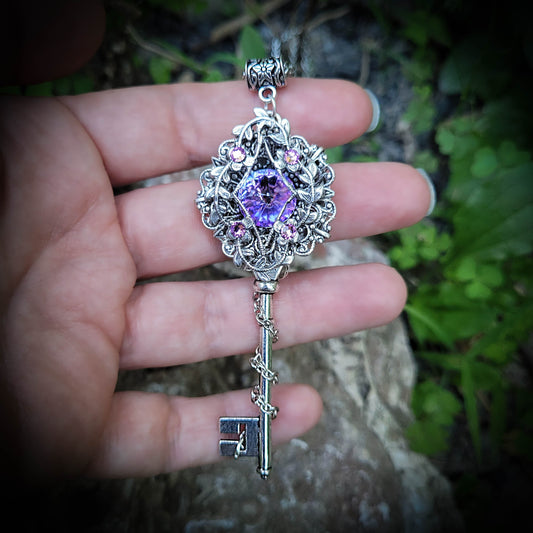Fantasy floral sterling silver elven key necklace made with Swarovski crystals.  Elven jewelry.