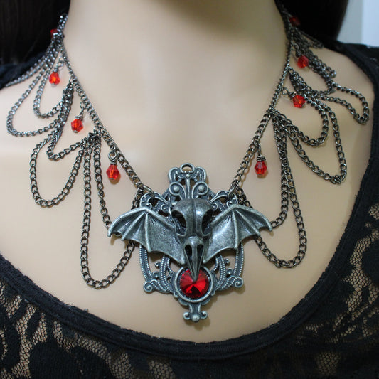 Gothic Raven Skull and Bat Wing Necklace with Red Crystals, Gothic Jewelry, Crow Skull Necklace, Halloween Jewelry, Vampire Jewelry