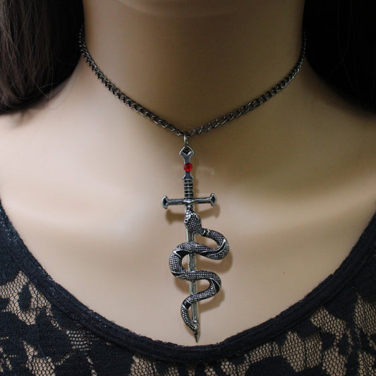 Gothic Silver Snake on Sword with Red Rhinestone Corded Necklace, Fantasy Jewelry, Goth Jewelry, Man Jewelry