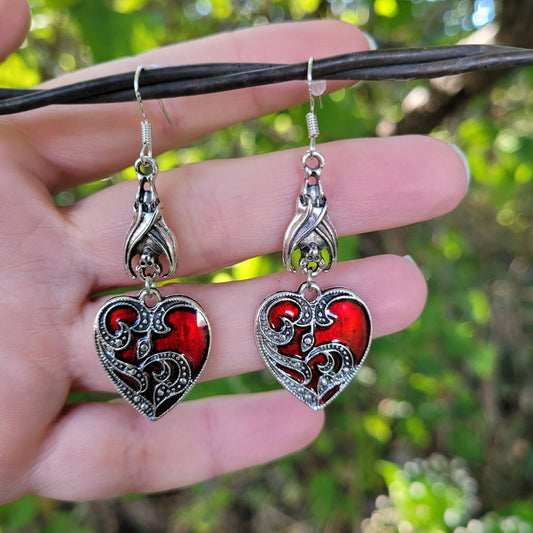 Bat Earrings with Red Hearts, Halloween Jewelry, Bat Jewelry, Halloween Earrings